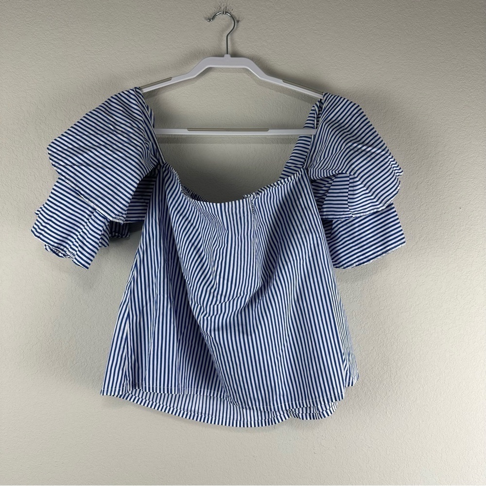 Faithfull The Brand Blue White Stripe Ruffle Off The Shoulder Top Size 6